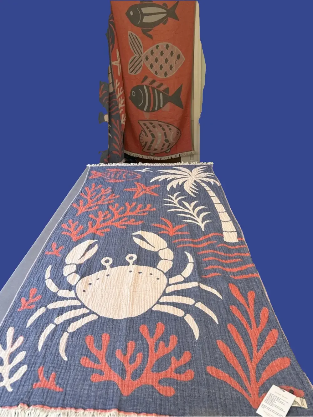 Woven Cool Crab Triple Cotton Towel FLiPSiDE 2 Side Navy + Red Ecru NEW